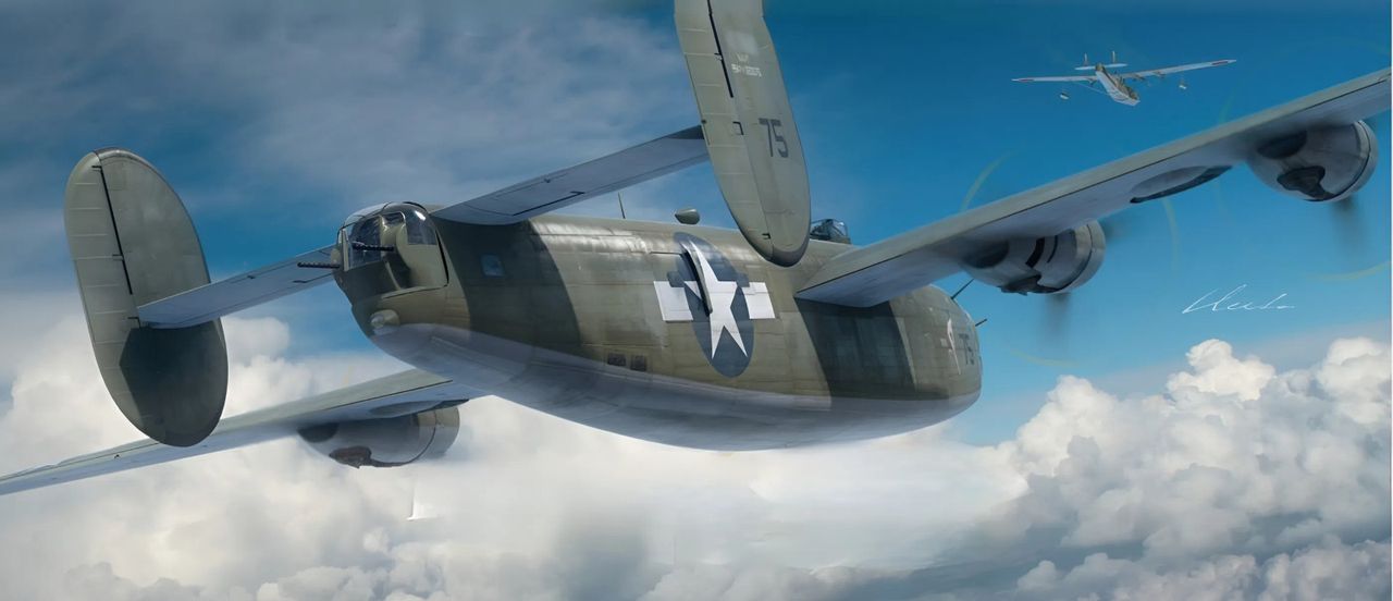 Cuộc chạm trán đầu tiên giữa một chiếc PB4Y-1 Liberator của Hải quân Mỹ và một chiếc thuyền bay của IJNAF diễn ra vào ngày 28 tháng 8 năm 1943. VB-104 đã bắt đầu đến Guadalcanal từ ngày 19 tháng 8 để thay thế VB-101, đảm nhận nhiệm vụ tuần tra các khu vực phía bắc, đông bắc và tây quần đảo Solomon. Trung úy John Alley và tổ bay của ông đang ở gần cuối khu vực tuần tra thì phát hiện một chiếc H6K “Mavis” bay phía trên, theo hướng về Rabaul. Alley liền cho máy bay leo cao để tấn công, không hề biết rằng chiếc máy bay ông đang tiếp cận là phiên bản vận tải, có khả năng thuộc biên chế Hạm đội Không quân số 11. Các xạ thủ của PB4Y khai hỏa khi “Mavis” còn cách 500 yard, xạ thủ tháp pháo mũi đã bắn hết 200 viên đạn, trúng vào động cơ số 3 và số 4 của thuyền bay. Chẳng bao lâu, cánh bên phải bốc cháy dữ dội, và chiếc “Mavis” chúi mũi lao xuống biển. (Tranh của Gareth Hector)