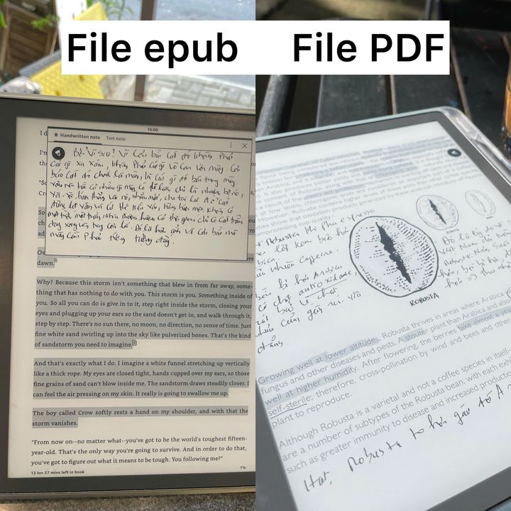 Điểm khác biệt là PDF cho phép bạn ghi trực tiếp lên sách, còn epub thì không, bạn chỉ ghi chú dạng chú thích, hoặc phải tạo một trang note để ghi chú vào đó