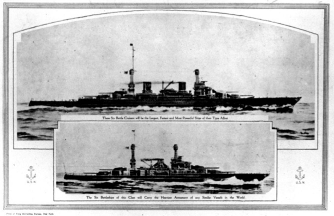 Một áp phích thuộc loạt “Hải quân đang làm gì” (What the Navy is Doing), do Cục Tuyển mộ của Hải quân Hoa Kỳ phát hành năm 1919. Áp phích này làm nổi bật hai lớp tàu chủ lực mới sắp được đóng: lớp thiết giáp tuần dương hạm Lexington (trên) và lớp thiết giáp hạm South Dakota (dưới).