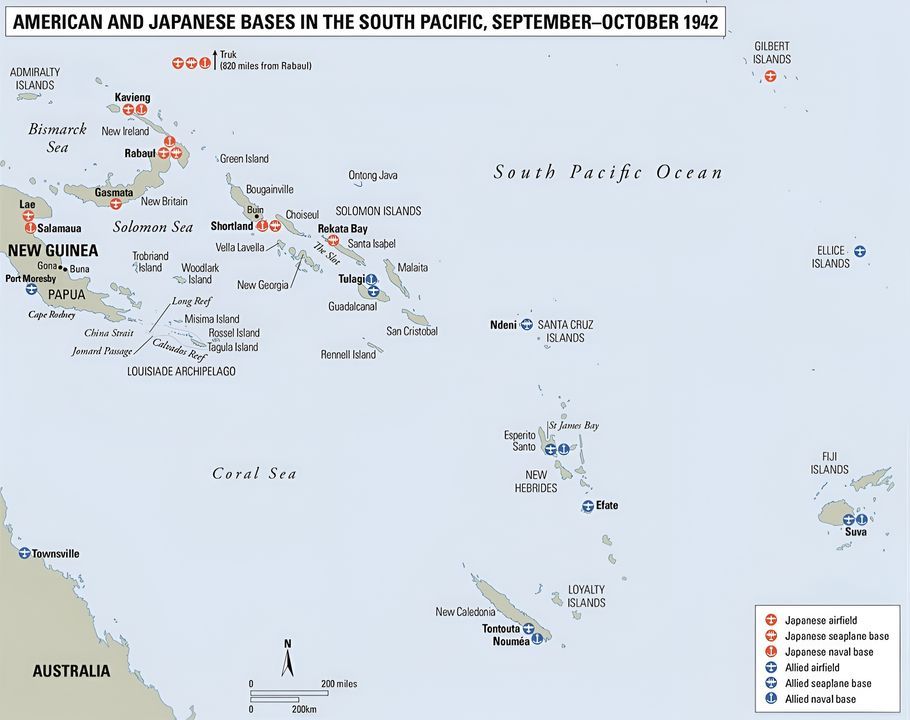 Các căn cứ không quân và hải quân của Mỹ và Nhật tại vùng Nam Thái Bình Dương trong giai đoạn từ tháng 9-10 năm 1942.