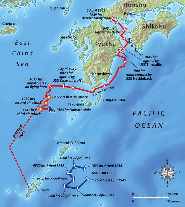 Chiến dịch Ten-Go (天号作戦, Ten-Gō Sakusen) là một hành động vô nghĩa, với rất ít hy vọng thành công. Với một lực lượng nhỏ gồm một tàu tuần dương hạng nhẹ và tám tàu khu trục, Yamato được lệnh rời Nội Hải Nhật Bản và tiến về Okinawa để tấn công lực lượng đổ bộ của Hải quân Mỹ ở khoảng cách hơn 500 hải lý. Do không được yểm trợ đường không, hy vọng duy nhất để Yamato hoàn thành nhiệm vụ đầy rủi ro này là giành được yếu tố bất ngờ – điều gần như không thể, xét tới ưu thế tuyệt đối trên không của Mỹ. Ngay khi lực lượng Yamato ra khơi, họ đã bị máy bay Mỹ phát hiện, rồi tiếp tục bị tàu ngầm Mỹ theo dõi khi rời Biển Nội địa. Sáng ngày 7 tháng 4 năm 1945, các tàu Nhật bị thủy phi cơ tuần tra Mariner và tiêm kích Hellcat bám sát, những máy bay này đã dẫn đường cho ba đợt không kích của không lực tàu sân bay Hải quân Mỹ đang hoạt động ở phía đông Okinawa. Chưa đầy hai giờ sau khi cuộc tấn công bắt đầu, Yamato phát nổ, khi vẫn còn cách mục tiêu khoảng 200 dặm.