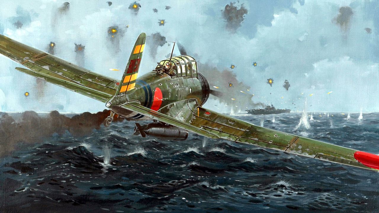 Bức tranh mô tả máy bay ném ngư lôi B5N2 của Joichi Tomonaga đang hướng tới con tàu sân bay USS Yorktown. Vào chiều ngày 4 tháng 6, Trung úy Tomonaga chỉ huy đợt tấn công thứ hai từ tàu sân bay Hiryu nhằm vào lực lượng Mỹ, nhắm vào tàu Yorktown – dù ông không biết đây là con tàu đã bị hư hại trước đó và vừa được phục hồi. Tomonaga chia mười máy bay mang ngư lôi thành hai tốp, tự mình dẫn đầu tốp tấn công từ phía sau mạn trái, trong khi tốp kia tiếp cận từ phía trước mạn phải. Khi áp sát, ông phát hiện Yorktown đã quay đầu vào gió để phóng tiêm kích Wildcat. Trong lúc tấn công, máy bay Tomonaga bị bắn cháy bởi tiêm kích Mỹ nhưng ông vẫn thả được quả ngư lôi trước khi rơi xuống biển, mặc dù ngư lôi không trúng đích. Tuy nhiên, nhờ đòn đánh mở màn của ông, tốp còn lại đã tiếp cận thuận lợi và đánh trúng Yorktown hai quả ngư lôi, khiến con tàu bị loại khỏi vòng chiến. (Tranh của Howard Gerrard)