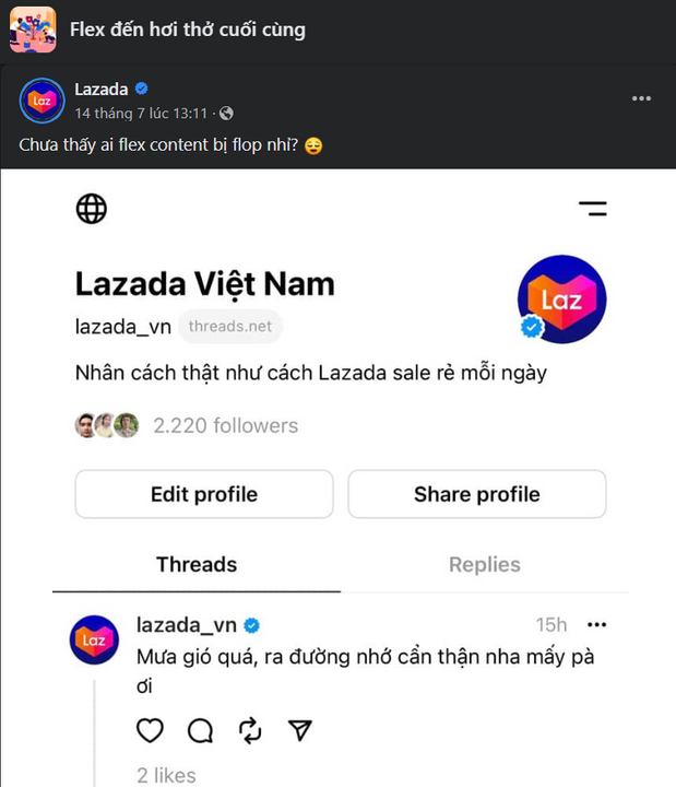 Đến cả một trong những "gương mặt kỳ cựu" thuộc top sàn Thương Mại Điện Tử lớn nhất Việt Nam cũng flex...Nguồn: Lazada - Flex đến hơi thở cuối cùng.