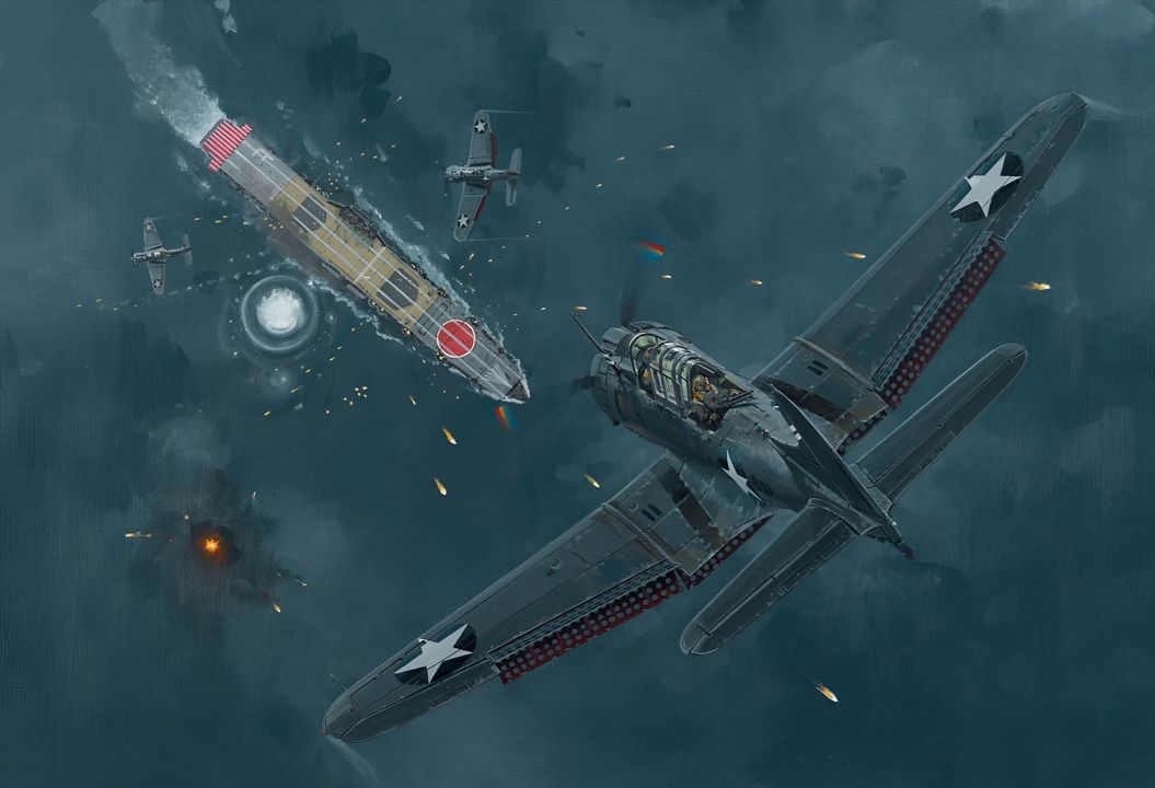 Hiryu là tàu sân bay cuối cùng của Lực lượng Kido Butai số 1 bị đánh bom trong ngày 4 tháng 6. Nguyên nhân dẫn đến sự diệt vong của nó là một lực lượng hỗn hợp gồm các máy bay ném bom bổ nhào từ tàu Enterprise và Yorktown. Một lần nữa, trong ngày 4 tháng 6, các máy bay ném bom bổ nhào của Mỹ lại giành được yếu tố bất ngờ gần như tuyệt đối. Mãi đến 17 giờ 01 phút, người Nhật mới phát hiện ra máy bay Mỹ, chỉ vài phút trước khi chúng bắt đầu lao xuống tấn công Hiryu. Trước khi người Mỹ tiến vào khu vực gần tàu, Hiryu đã thực hiện một cú ngoặt gắt sang mạn trái. Sau khi phát hiện máy bay Mỹ, thuyền trưởng Kaku tiếp tục ngoặt gắt sang trái, nhằm đưa mũi tàu hướng thẳng vào hướng tấn công của đối phương. Pháo phòng không của Hiryu nhanh chóng nâng nòng lên để khai hỏa dữ dội vào mối đe dọa mới. Cùng lúc đó, lực lượng CAP gồm 13 tiêm kích Zero của Hiryu điên cuồng lao vào các máy bay ném bom Mỹ khi chúng bổ nhào xuống mục tiêu. Tất cả những biện pháp này đã khiến Hiryu trở thành mục tiêu khó đánh nhất mà các phi công Dauntless phải đối mặt trong ngày hôm đó. Những quả bom đầu tiên đều trượt mục tiêu, như thể hiện trong cảnh này. Tuy nhiên, kỹ năng của các phi công Mỹ cuối cùng đã mang lại thành công trước Hiryu. Bốn quả bom nặng 1.000 pound đã đánh trúng phần trước của sàn bay, tập trung quanh biểu tượng Mặt Trời đỏ lớn được vẽ trên phần trước của boong, mà các phi công Mỹ đã dùng làm điểm ngắm chính xác. Những cú đánh này đã tạo nên các đám cháy dữ dội trên tàu sân bay cuối cùng của Kido Butai số 1, và dẫn đến việc con tàu bị mất hoàn toàn vào sáng hôm sau. Với sự hủy diệt của Hiryu, trận chiến Midway coi như đã kết thúc. (Tranh của Howard Gerrard)
