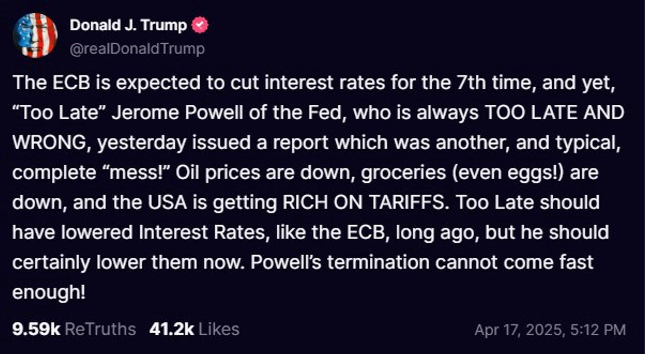 <i>Bài đăng của Tổng thống Trump trên Truth Social ngày 17/04/2025.</i>