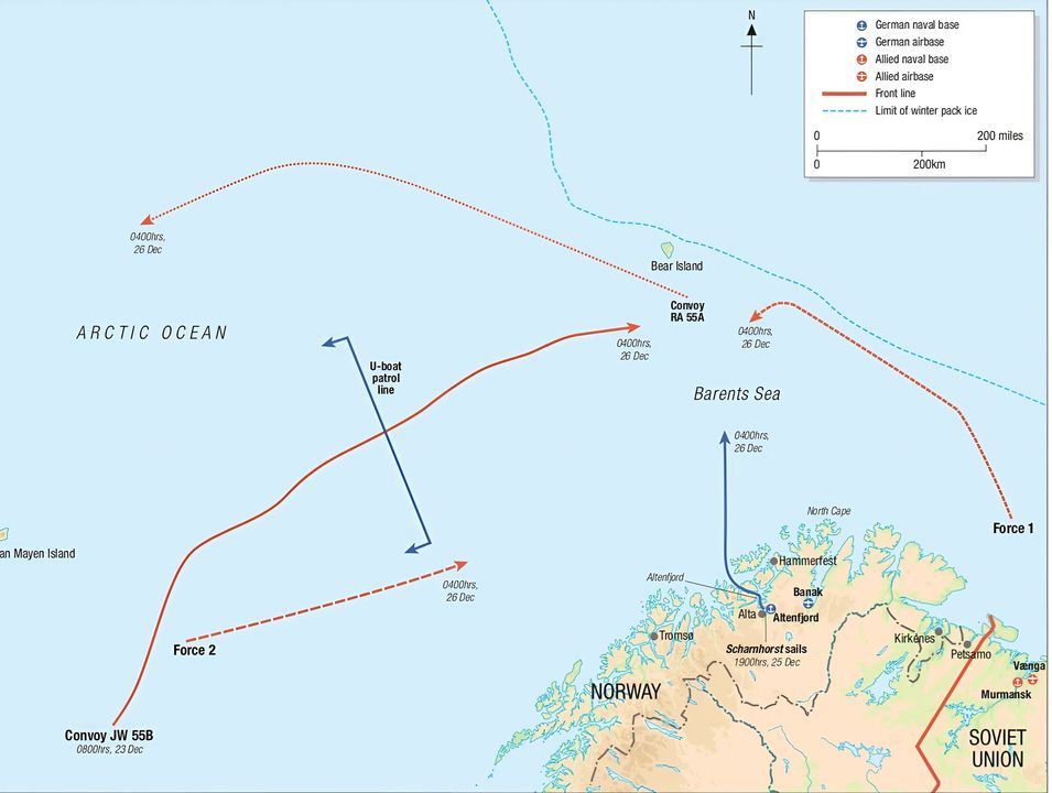 Bối cảnh của chiến dịch Ostfront. Scharnhost khởi hành vào lúc 19 giờ ngày 25 tháng 12 từ cảng Altenfjord để đánh chặn đoàn tàu vận tải JW 55B tại vùng biển Barent.