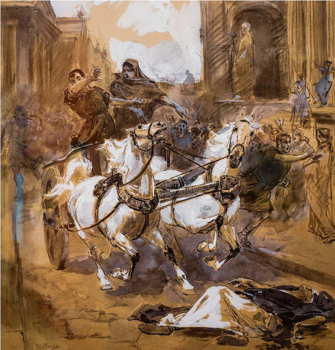 Tullia lái cỗ xe của mình qua xác của cha ả trong bức tranh sơn dầu này của Ulpiano Ceca.