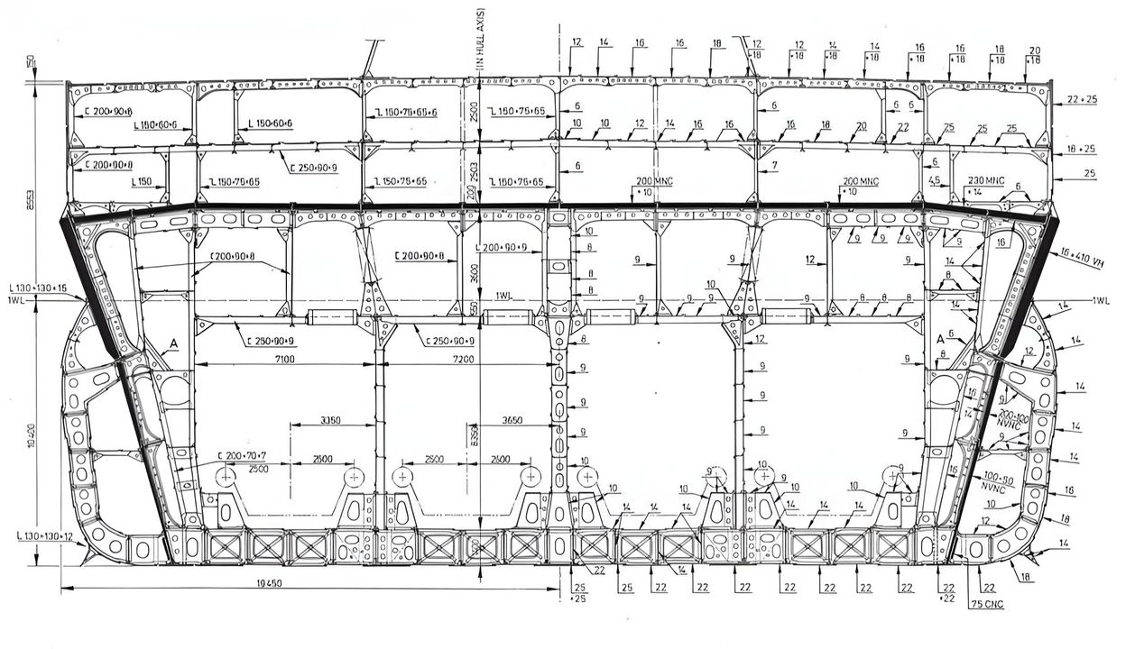 Mặt cắt giữa thân tàu của Yamato. Chú ý phần giáp của tàu có màu đen đậm. Giáp mạn dày 410 mm được lắp đặt với một góc nêm 10 độ ở mép dưới để hấp thụ xung lực khi bị trúng đạn từ đối phương. 