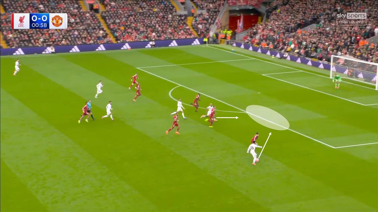 MU lập tức tổ chức phản công nhanh ngay trên phần sân đối phương. Số 16 của Quỷ đỏ đã thả bóng vào khoảng trống sau lưng Kerkez, nơi Mbeumo đang trên đà băng vào.