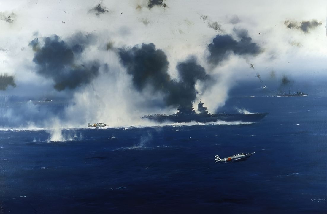 Trong đợt tấn công của máy bay ngư lôi Nhật, 14 chiếc B5N được lệnh tấn công Lexington. Nhóm chủ lực, được hộ tống bởi 15 chiếc A6M, tiếp cận Lexington ở độ cao 4.000 foot và cố gắng đặt con tàu vào một cuộc tấn công kiểu "cái đe". 10 chiếc lao thẳng vào con tàu và 4 chiếc từ Zuikaku cố gắng vòng lại để đặt Lexington vào một gọng kìm. Bức tranh trên mô tả về cuộc tấn công gọng kìm của các máy bay B5N2 đang tấn công sang mạn phải của Lexington. Đồng thời cũng có thể thấy mức độ khốc liệt của hệ thống phòng không trên con tàu.