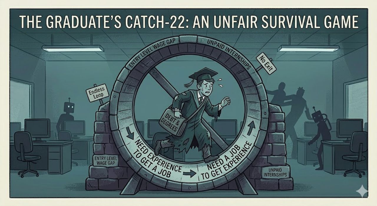 <i>Figure 2: A graduate's catch-22: An unfair survival game</i>
(Note. Image generated by Google, Gemini 3 Flash, 2026)
