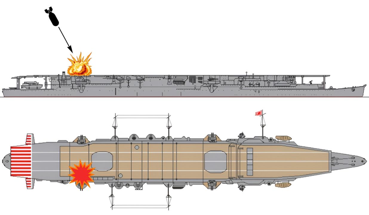 Thiệt hại của Zuiho trong trận Santa Cruz là một quả bom 500 pound (230 kg) từ máy bay Dauntless trong lúc đang triển khai đợt tấn công đầu tiên và thứ hai vào các tàu sân bay Mỹ. Dù con tàu không bị hư hại nghiêm trọng nhưng điều này khiến sàn bay của tàu bị vô hiệu hóa và bị loại khỏi trận chiến. (Minh hoạ của người dịch)