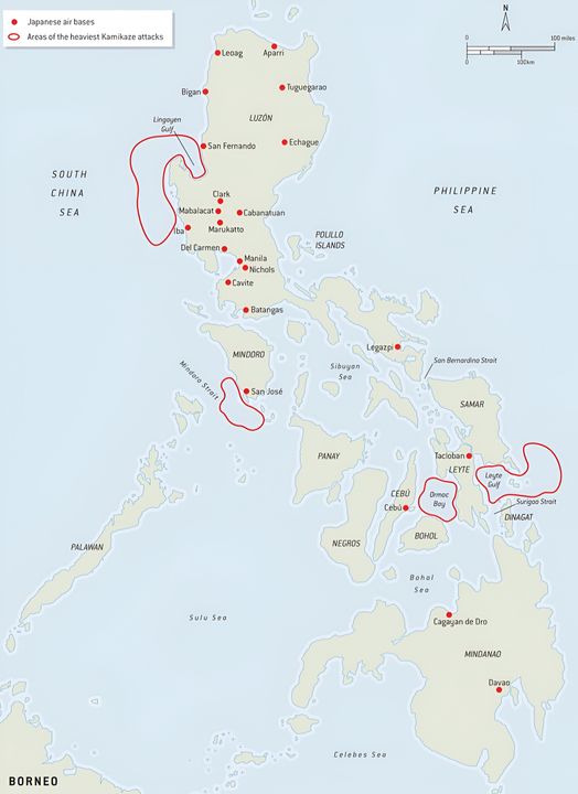 Người Nhật lần đầu tiên sử dụng kamikaze trong cuộc phòng thủ Philippines từ tháng 10 năm 1944 đến tháng 1 năm 1945. Các cuộc tấn công ban đầu tập trung vào lực lượng Hải quân Mỹ ở vịnh Leyte và phía đông khu vực này. Đến tháng 12, Hải quân Mỹ tiến vào vịnh Ormoc, ở phía tây Leyte, và ngay lập tức hứng chịu các cuộc tấn công kamikaze. Khi di chuyển qua biển Sulu, người Mỹ đổ bộ lên Mindoro vào ngày 15 tháng 12. Lực lượng đổ bộ này cũng phải chịu một phản ứng kamikaze dữ dội. Tuy nhiên, các cuộc tấn công cảm tử nặng nề nhất của chiến dịch lại nhằm vào hạm đội đổ bộ lớn của Hải quân Mỹ tiến hành cuộc đổ bộ đường biển lên Luzon vào tháng 1 năm 1945. Trong mười ngày, các tàu của Hải quân Mỹ liên tiếp bị tấn công cảm tử khi tiến vào vịnh Lingayen. Những cuộc tấn công cuối cùng của chiến dịch diễn ra vào ngày 13 tháng 1, sau đó Không lực Hải quân và Không lực Lục quân Nhật (IJNAF và Java) đều đã cạn kiệt máy bay.