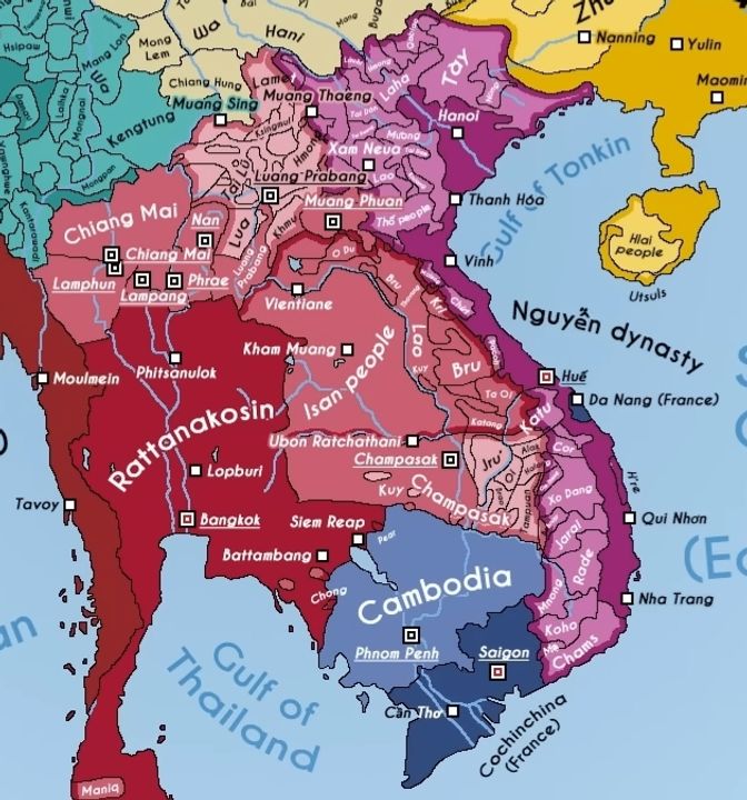 Bản đồ về Xiêm (màu đỏ) và Đại Nam (màu tím) cùng các vùng ảnh hưởng của mình năm 1867. Vào thời điểm này, Campuchia nằm dưới sự bảo hộ của người Pháp (màu xanh dương) (Nguồn: The Dragon Historian)