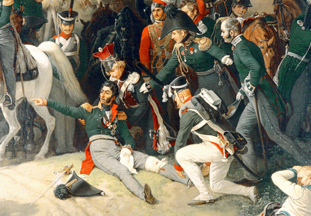 <i>Bagration trúng đạn trong trận đánh, ông sau đó không qua khỏi do hoại tử từ vết thương </i>