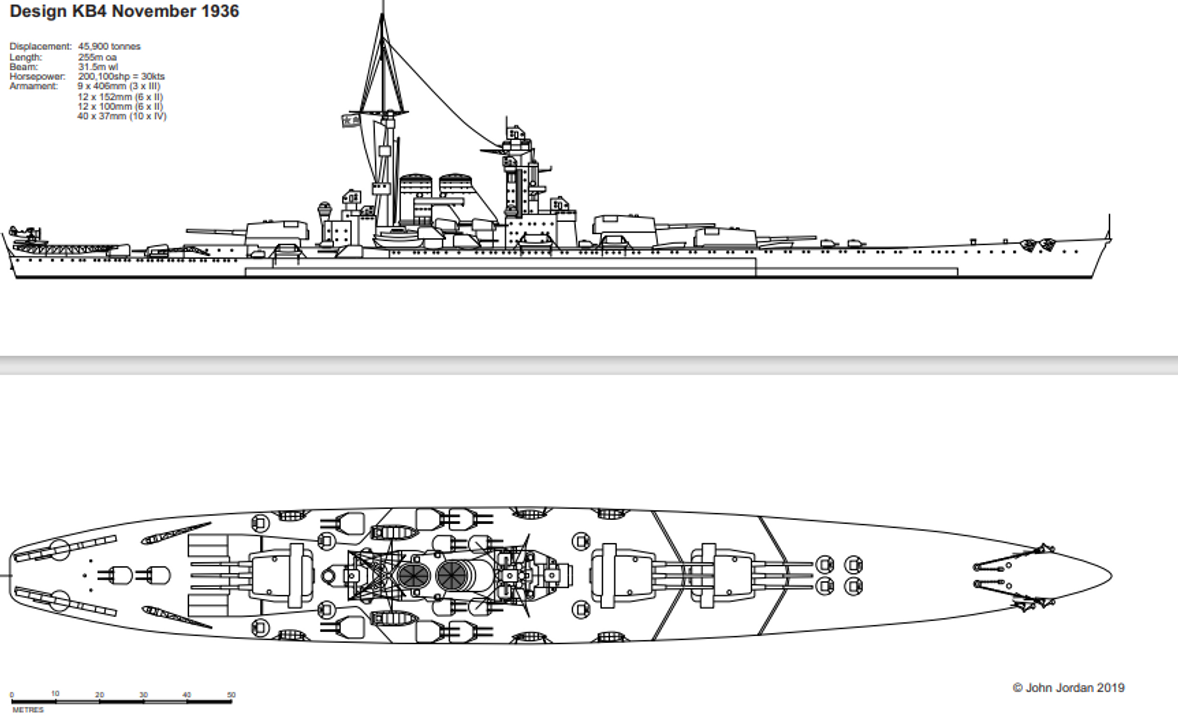 Hình 2: Thiết kế đoạt giải của KB-4 trong cuộc thi thiết kế tháng 11 năm 1936. Ống khói trước được uốn cong ngược về sau là do phòng nồi hơi phía trước được đặt ngay bên dưới cấu trúc thượng tầng trước. Một số yếu tố trong thiết kế này – bao gồm vị trí các máy phóng, một cặp tháp pháo 100mm trên sàn tàu phía sau (quarterdeck), cũng như cách bố trí nhà chứa thủy phi cơ – sẽ trở thành đặc điểm quen thuộc trong các thiết kế sau này của KB-4. (Bản vẽ của John Jordan, theo Vasil’ev, tr. 22)