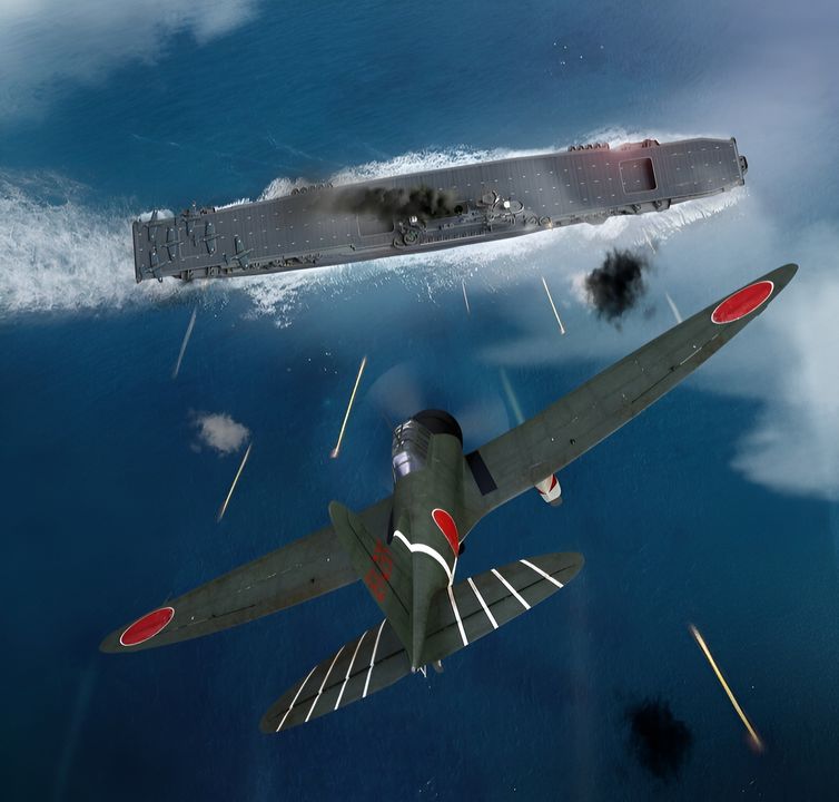 Trong minh hoạ này cho thấy chiếc máy bay ném bom bổ nhào Type 99 từ Shokaku có số hiệu là EI-235 đang bổ nhào xuống Enterprise. Chiếc máy bay EI-235 có thể là do Binh nhì hạng nhất (PO2c) Ryoroku Tsuchiya lái, thuộc Shotai 22, vì trong toàn bộ 9 chiếc ném bom bổ nhào Type 99 thuộc Chutai thứ hai của Shōkaku chỉ có ba chiếc do Arima, Koitabashi và Tsuchiya lái là sống sót trở về sau khi đối mặt với hoả lực phòng không cực mạnh và sự ngăn chặn quyết liệt của các tiêm kích F4F Wildcat của Mỹ. (Tranh của Stefan Draminski)