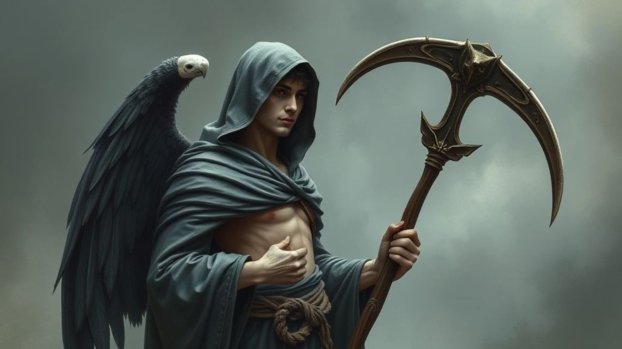 "Một người đàn ông cao lớn, nước da tái nhợt, mặc áo thụng dài, xoã đôi cánh đen sau lưng, trên tay cầm lưỡi hái sắc lẹm."