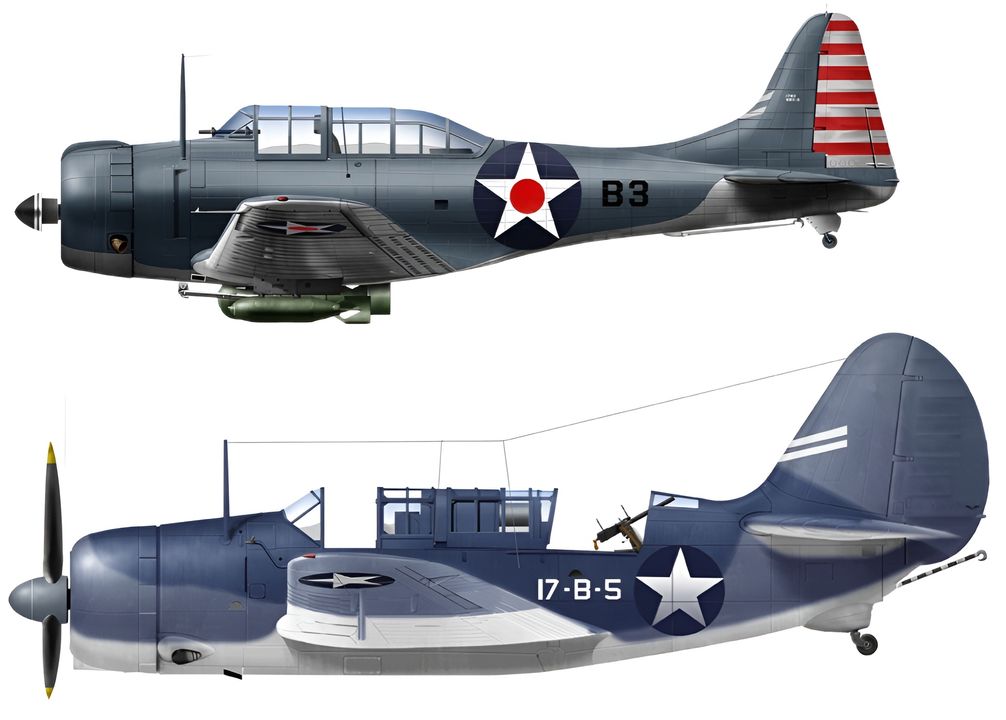 Hình ảnh so sánh hai loại máy bay ném bom bổ nhào SBD Dauntless và SB2C Helldiver.