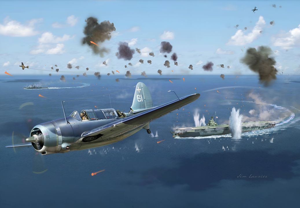 Mục tiêu giá trị nhất đang chờ các phi công của Halsey vào sáng 25 tháng 10 là tàu sân bay hạm đội Zuikaku, một cựu chiến binh đã tham gia bốn trong năm trận đánh tàu sân bay của cuộc chiến. Trong đòn không kích đầu tiên, Zuikaku bị các máy bay ném bom bổ nhào và Avenger từ Intrepid cùng hai tàu sân bay hạng nhẹ tấn công. Lực lượng tuần tra không chiến (CAP) nhỏ bé của Nhật Bản tỏ ra kém hiệu quả trong việc bảo vệ tàu sân bay; con tàu vì thế chỉ còn trông cậy vào hỏa lực phòng không và những động tác cơ động né tránh khéo léo để chống đỡ. Khung cảnh này cho thấy Zuikaku đang vòng gấp sang mạn trái ở tốc độ cao. Khói xuất phát từ dàn 96 pháo phòng không 25 mm của con tàu. Chú ý lớp ngụy trang trên sàn bay; cả bốn tàu sân bay của Ozawa tại Trận mũi Engaño đều mang kiểu ngụy trang tương tự. Chỉ vài phút sau khi cuộc tấn công bắt đầu, sàn bay của Zuikaku đã trúng 3 quả bom. Các quả bom gây hỏa hoạn trên hai boong chứa máy bay, phải mất khoảng 15 phút mới dập tắt được. Phần lớn bom 1.000 lb do các máy bay Helldiver thả đều trượt mục tiêu, như thể hiện trong cảnh này. Sau khi các Helldiver hoàn tất phần việc của mình, các Avenger đánh trúng tàu sân bay cỡ lớn bằng một quả ngư lôi ở mạn trái, giữa thang nâng số 2 và số 3. Nước tràn vào sau đó khiến con tàu nghiêng tạm thời gần 30°, nhưng nhanh chóng được giảm xuống mức có thể kiểm soát là khoảng 6°. Zuikaku sống sót sau đòn tấn công đầu tiên; tuy nhiên, đòn tấn công thứ ba, với quy mô lớn hơn, đã tập trung hỏa lực vào con tàu và giáng xuống một loạt đòn hủy diệt gồm 6 cú đánh ngư lôi và 4 cú đánh bom. Đến 14 giờ 14 phút, Zuikaku - con tàu cuối cùng từng tham gia vào chiến dịch mở đầu Chiến tranh Thái Bình Dương - đã bị đánh chìm. (Tranh của Jim Laurier)