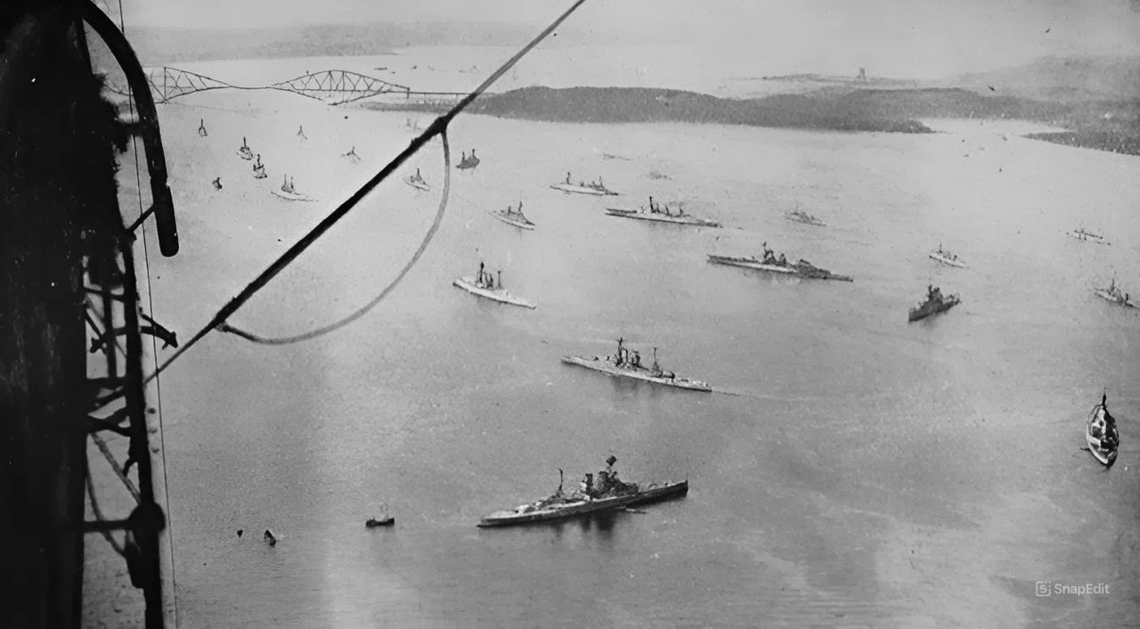 Các tàu chiến của Hạm đội Thiết giáp tuần dương hạm và Hải đoàn Thiết giáp hạm số 2, được chụp khi đang neo tại Firth of Forth đầu năm 1916 bởi một nhiếp ảnh gia trên khí cầu Anh. Các tàu được neo về phía đông của cầu đường sắt Forth, thấy ở phía sau. Xưởng đóng tàu Rosyth nằm xa hơn, phía thượng nguồn bên phải bức ảnh.