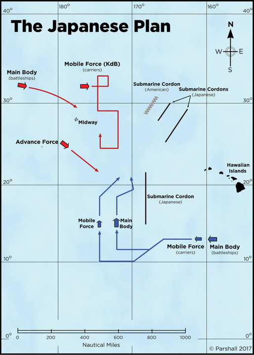 Theo Chiến dịch MI, Yamamoto đã chọn rạn san hô Midway— có diện tích chưa đến hai dặm vuông, nằm ở tận cùng của chuỗi đảo Hawaii, cách Trân Châu Cảng khoảng 1.100 hải lý. Mục tiêu ban đầu của chiến dịch này là tấn công Midway bằng Kido Butai số 1 của Phó Đô đốc Chuichi Nagumo, tiêu diệt lực lượng không quân Mỹ tại đây, sau đó sẽ xâm chiếm vùng này và biến nó thành một căn cứ tiền phương. Những gì được cho là sẽ diễn ra tiếp theo phức tạp hơn nhiều. Kế hoạch của Yamamoto cuối cùng bao gồm hàng chục đội hình tàu chiến khác nhau hoạt động hỗ trợ Nagumo nhưng trải rộng trên khoảng 2,5 triệu dặm vuông đại dương. Lý do cho sự phân tán này chính là nghi binh. Yamamoto tin rằng sau những thất bại ban đầu của Hải quân Mỹ, tinh thần của họ sẽ xuống thấp đến mức các tàu sân bay của họ sẽ phải bị dụ đến chỗ diệt vong. Một trong những đội hình của Nhật Bản - Lực lượng Hỗ trợ với hai thiết giáp hạm tốc độ cao- sẽ đóng vai trò làm mồi nhử. Các đơn vị chủ lực khác sẽ ẩn mình - Yamamoto không muốn lộ diện quá sớm và làm con mồi hoảng sợ. Sau khi các tàu chiến Mỹ tiến ra tấn công Lực lượng Hỗ trợ, Lực lượng Chủ lực được trang bị hỏa lực hạng nặng của Yamamoto, cùng với các lực lượng thiết giáp hạm và tàu sân bay khác được rút về từ các chiến dịch ở quần đảo Aleutian, sẽ tập trung về phía họ. 2 tàu sân bay của Nagumo sẽ tiêu diệt lực lượng đối phương, sau đó đội hình thiết giáp hạm của Yamamoto sẽ tiêu diệt các thiết giáp hạm Mỹ mà người Nhật (theo một cách sai lầm) đã cho là sẽ bám theo. Kết quả sẽ giống như chiến thắng mang tính bước ngoặt của Nhật Bản trước hải quân Nga tại Tsushima năm 1905—một chiến thắng quyết định, hủy diệt, về cơ bản đã giành chiến thắng trong một đòn đánh. Sau đó, Hawaii sẽ bị xâm lược và chiếm đóng. Chắc chắn những thất bại này sẽ khiến Hoa Kỳ phải tỉnh ngộ và ngồi vào bàn đàm phán.