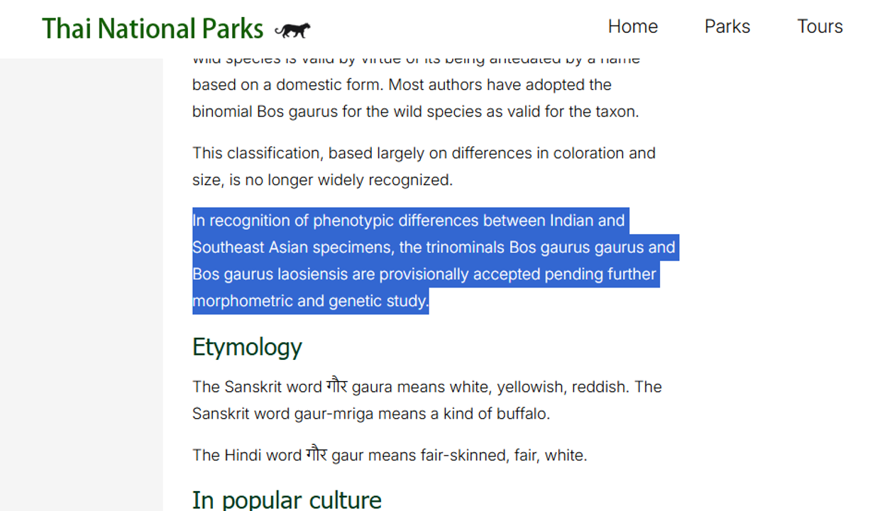 Nguồn : <a href="https://www.thainationalparks.com/species/gaur">Thai National Park</a>