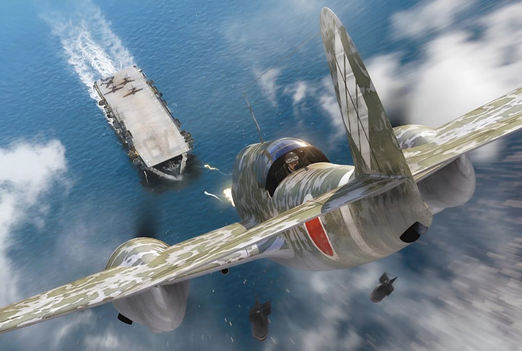 Lúc 17 giờ 12 phút ngày 4 tháng 1 năm 1945, chiếc máy bay ném bom Ki-45 "Nick" tiếp cận tàu sân bay hộ tống USS Ommaney Bay từ ngay phía trước mũi và bắt đầu khai hỏa. Chỉ có một con tàu, là thiết giáp hạm USS New Mexico, khai hỏa trước khi chiếc máy bay lao vào tàu. Nhắm vào phần đảo chỉ huy, kamikaze va vào đó rồi đâm vào sàn đáp; nó lao qua mạn tàu và gây ra ít thiệt hại. Tuy nhiên, hai quả bom mang theo trên máy bay đã được thả trước khi nó rơi, và chúng trúng đích một cách hoàn hảo. Một quả xuyên xuống boong chứa máy bay và phát nổ giữa toàn bộ số máy bay đang được tháo bom và xả nhiên liệu. Một đám cháy lớn bùng phát tại khoang chứa máy bay phía trước. Quả bom thứ hai xuyên xuống phòng nồi hơi phía trước và phát nổ. Nỗ lực kiểm soát thiệt hại bị cản trở do thông tin liên lạc kém, khiến đám cháy lan rộng ngoài tầm kiểm soát. Thủy thủ đoàn buộc phải bỏ tàu chỉ một giờ sau cú đánh kamikaze, và sau đó tàu sân bay bị đánh chìm. (Tranh của Adam Tooby)