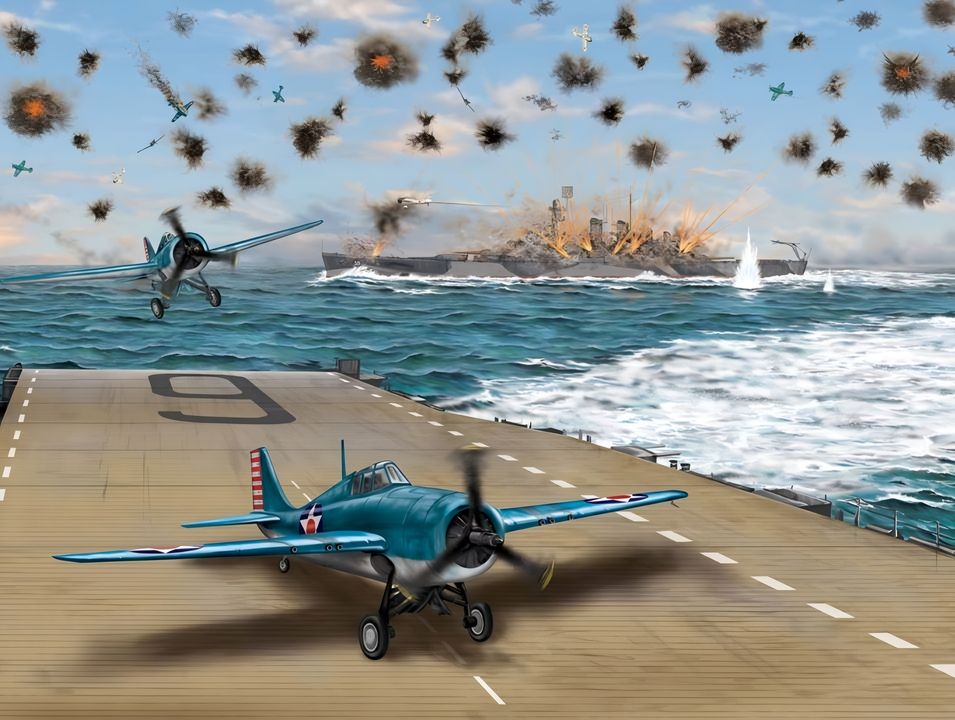 Bức tranh này mô tả lại khoảnh khắc khi thiết giáp hạm North Carolina khai hỏa toàn bộ pháo phòng không của mình để đẩy lùi một cuộc tấn công đồng loạt và có phối hợp của máy bay bổ nhào và máy bay ném ngư lôi Nhật Bản từ góc nhìn trên tàu sân bay Enterprise. Cùng lúc đó, North Carolina còn bắn pháo 5 inch vào những chiếc máy bay Nhật đang tấn công Enterprise, tạo thành một “chiếc ô” bằng những quả đạn nổ trên không bao phủ con tàu, buộc máy bay đối phương phải xuyên qua làn hỏa lực này mới có thể thả bom. Cho đến thời điểm đó, chưa ai từng chứng kiến lượng hỏa lực phòng không khủng khiếp đến thế từ một thiết giáp hạm. Đô đốc Kinkaid trên Enterprise còn gửi tín hiệu hỏi chỉ huy của North Carolina: “ <i>BÊN</i> <i>CÁC</i> <i>ANH CÓ BỊ CHÁY KHÔNG VẬY</i>?” .Một chiếc máy bay Nhật, sau khi thả bom, đã bay song song với North Carolina để quan sát lần đầu tiên con thiết giáp hạm mới này của Mỹ. (Tranh của Peter Bull)