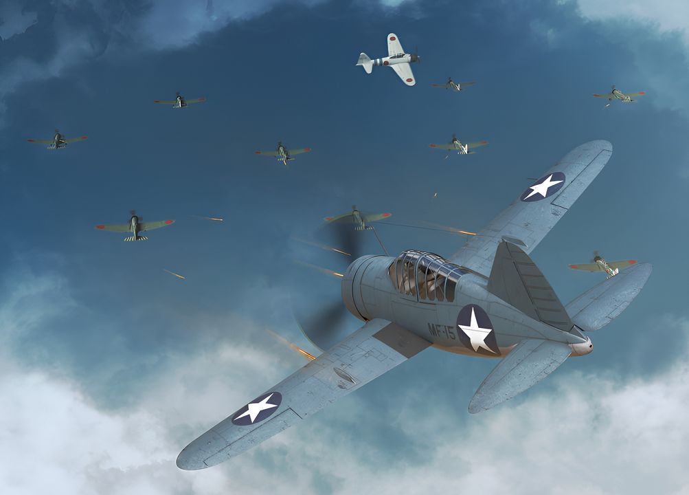 Yorktown bắt đầu phóng máy bay lúc 11 giờ 39 phút. Lực lượng được phóng lên bao gồm 10 máy bay trinh sát VS-5 và 12 máy bay Wildcat để tăng cường lực lượng CAP. Sáu máy bay Wildcat đang làm nhiệm vụ CAP được cho hạ cánh. Ngay sau đó, khi Yorktown bắt đầu thu hồi lực lượng tấn công lúc 11 giờ 52 phút, radar của tàu phát hiện một mục tiêu mạnh về phía tây nam cách 32 hải lý. Nó nhanh chóng được đánh giá là một nhóm máy bay địch với số lượng từ 30 đến 40 chiếc. Khi tin tức về mối đe dọa mới đến, tình hình CAP của Yorktown không tốt. 12 chiếc Wildcat vừa được phóng lên được gửi về phía tây, leo cao nhanh nhất có thể. TF 16 cách TF 17 khoảng 30 hải lý về phía đông nam. Dow hiện có 19 máy bay Wildcat trên không và không thể phóng thêm bất kỳ chiếc nào từ boong tàu vì cả Enterprise và Hornet đều đang thu hồi máy bay. Không có mối đe dọa nào với TF 16, Dow đã làm những gì có thể để giúp TF 17. Ông ra lệnh cho 8 máy bay Wildcat từ Hornet ở cách 30 hải lý về phía tây bắc đánh chặn đợt tấn công sắp tới của Nhật, nhưng chỉ có 4 chiếc phản hồi. Đồng thời, ông di chuyển 7 máy bay Wildcat của VF-6 vào giữa TF 16 để đối phó với đợt tấn công sắp đến. Bốn phi công trong số này đã đi xa hơn và lao đến bảo vệ TF 17. Kobayashi không gặp khó khăn gì khi dẫn nhóm của mình đến mục tiêu nhờ sự hỗ trợ của một tin nhắn lúc 11 giờ 32 phút từ máy bay trình sát số 5 của Chikuma. Việc tìm mục tiêu tỏ ra dễ dàng, nhưng vấn đề đã bắt đầu vào khoảng 11 giờ 30 phút khi lực lượng hộ tống Zero phát hiện 4 máy bay Mỹ bên dưới. Trung úy Shigematsu Yasuhiro, chỉ huy lực lượng tiêm kích hộ tống, đã xin phép Kobayashi được tấn công chúng và được chấp thuận. Với điều này, Shigematsu lao xuống để kiếm vài chiến công dễ dàng để chống lại thứ mà ông nghĩ là những máy bay ném ngư lôi chậm chạp. Những gì diễn ra sau đó không khác gì một thảm họa cho toàn bộ đợt tấn công từ Hiryu. Kobayashi tiếp tục hành trình mà không có máy bay tiêm kích hộ tống. Việc thiếu vắng các máy bay Zero trong phần đầu của cuộc giao tranh sắp tới với CAP của Yorktown đồng nghĩa với việc đội hình của Kobayashi sẽ bị xé nát. Việc cho phép Shigematsu theo bản năng võ sĩ đạo của mình để tấn công một đội hình không gây ra mối đe dọa nào cho Hiryu là một quyết định thảm khốc và có thể dễ dàng tránh được. Khi những chiếc Wildcat đầu tiên vượt qua độ cao 10.000 feet, họ có thể nhìn rõ phi đội của Kobayashi được sắp xếp thành hai nhóm, mỗi nhóm 9 chiếc, mỗi nhóm theo đội hình chữ "V", với một nhóm cao hơn nhóm kia một chút. Ngay sau tin tức gửi về cho Hiryū về việc chuẩn bị tấn công lúc 12 giờ của Kobayashi, 5 chiếc Wildcat đã xông vào đội hình của người Nhật. Một cuộc tấn công chớp nhoáng từ bên dưới vào một nhóm, tiếp theo là một cuộc tấn công chính diện vào nhóm thứ hai, đã làm tan nát cả hai đội hình. Mặc dù các máy bay Wildcat buộc phải tấn công theo nhóm nhỏ hoặc trong một số trường hợp đơn lẻ, cuộc tấn công mở màn của họ vào đội hình gọn gàng của Kobayashi thật tàn khốc. Các máy bay Val buộc phải phá vỡ đội hình để tránh va chạm với những chiếc Wildcat hung hãn. Với đội hình tan rã, những chiếc Val dễ dàng bị bắn hạ. Một chiếc Wildcat, do Trung úy Hải quân Arthur Brassfield điều khiển, đã bắn rơi 3 máy bay ném bom bổ nhào. Tổng cộng, 7 máy bay ném bom bổ nhào bị tiêu diệt và thêm 2 chiếc buộc phải vứt bỏ bom của chúng. (Tranh của Stefan Draminski)