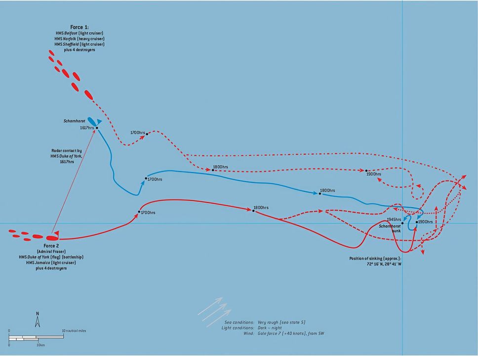 Giai đoạn 2 của trận chiến Mũi Bắc: khoảng thời gian cuối cùng của thiết giáp hạm KMS Scharnhorst, bị báo vây và đánh chìm bởi hai lực lượng do thiết giáp hạm HMS Duke of York làm soái hạm.