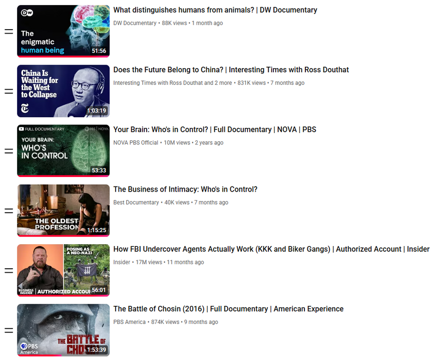 Watch later của tôi kiểu vầy. "Your Brain: Who's in Control?" của đài PBS là một trong những phim tài liệu rất hay trên Youtube về não và hành vi con người.