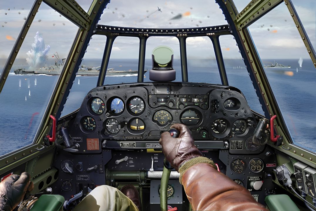 GÓC NHÌN CỦA NGƯỜI MỸ: Để trở thành một phi công ném ngư lôi hiệu quả, phi công của Avenger phải vừa can đảm vừa thành thạo kỹ năng. Góc nhìn buồng lái này cho thấy thiết lập lý tưởng cho một đòn tấn công ngư lôi. Phi công phải đồng thời tính đến nhiều yếu tố để lựa chọn hướng tiếp cận chính xác, bao gồm tốc độ, độ cao, góc bổ nhào và cự ly thả vũ khí thích hợp so với mục tiêu. Ngư lôi Mark 13 đòi hỏi phải được xử lý hết sức cẩn trọng: nếu góc bổ nhào quá dốc, ngư lôi có thể bị hư hại khi chạm nước; còn nếu góc quá nông, cơ cấu điều khiển của ngư lôi có thể trục trặc. Nếu phi công đủ kỹ năng để đánh giá chính xác tất cả các yếu tố này, Avenger sẽ tiếp cận mục tiêu ở tốc độ 260 hải lý/giờ và độ cao 800 feet. Ở tốc độ và độ cao đó, ngư lôi sẽ rơi trong 7 giây với góc 28 độ, đồng thời đi được 3.000 ft từ lúc được thả cho đến khi chạm mặt nước. Để bảo đảm Mark 13 có đủ thời gian kích hoạt, nó phải chạy 1.200 feet trước khi tới mục tiêu. Khi tổng hợp toàn bộ các dữ liệu này, cự ly thả chính xác sẽ là 4.200 feet (1.400 yard) tính từ vị trí mà phi công ước đoán mục tiêu sẽ ở đó. Trong hình minh họa này, một chiếc Avenger thuộc VT-84 đang tiếp cận từ mạn phải của Yamato khi con tàu đang chạy tốc độ cao và tuyệt vọng dựng lên một màn hỏa lực dày đặc từ các pháo 5 inch và 25 mm. Ở thời điểm này của đường công kích, phi công phải giữ hướng bay ổn định về phía mục tiêu để bảo đảm thả ngư lôi chính xác. Ngay khi ngư lôi rời giá treo, phi công sẽ chúi xuống sát mặt biển và rời khỏi khu vực nhanh nhất có thể. (Tranh của Jim Laurier)