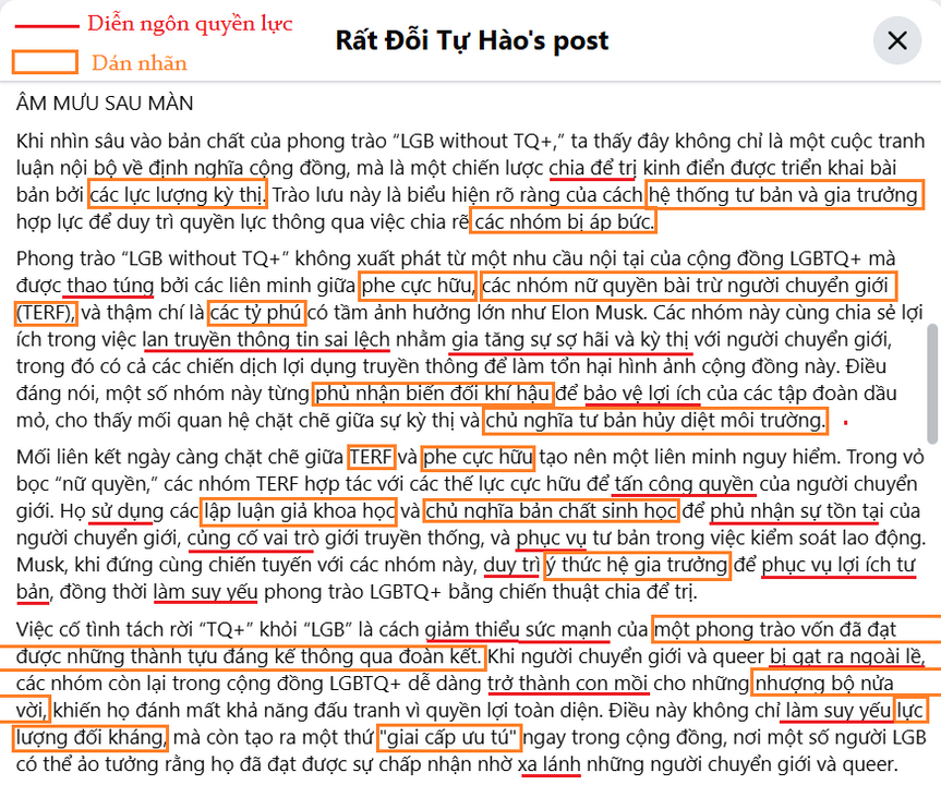 Trích đoạn trong bài “<a href="https://www.facebook.com/ratdoi3de/posts/pfbid023c51c5g7Y2ATXRBRiiUxkDAkS77WD33aAQWtYTMoGUGxjS9awNVAVKfoCYrW6G9Vl/">LGB WITHOUT TQ+” HAY LÀ CHIA ĐỂ TRỊ?</a>"