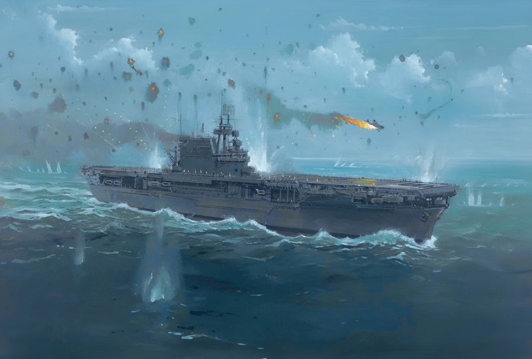 Sau cuộc tấn công của Hải đội tàu sân bay 1, đợt không kích của tàu sân bay Junyō gồm 17 máy bay ném bom trên tàu sân bay đã tiếp cận Lực lượng Đặc nhiệm 16 (TF 16). Lúc 11 giờ 20 phút, chỉ huy của đợt tấn công phát hiện Enterprise và ra lệnh tấn công ngay lập tức. Các máy bay ném bom bổ nhào không bị lực lượng CAP của Enterprise đánh chặn, nhưng do gặp phải mây dày phía trên tàu sân bay, khiến đội hình không thể có được góc bổ nhào tốt và ngăn cản tất cả các máy bay tấn công theo dõi chính xác Enterprise. Một nhóm gồm 8 máy bay ném bom bổ nhào đã lao xuống Enterprise từ phía đuôi, nhưng các góc bổ nông khoảng 45 độ khiến chúng dễ bị hỏa lực phòng không bắn hạ. Mỗi chiếc máy bay ném bom Type 99 đều bị hỏa lực phòng không của Enterprise bắn trúng tuần tự khi chúng tiến hành tấn công. Bốn chiếc bị bắn rơi, đổi lại chỉ có một quả bom rơi gần trúng tàu sân bay. (Tranh của Howard Gerrard)