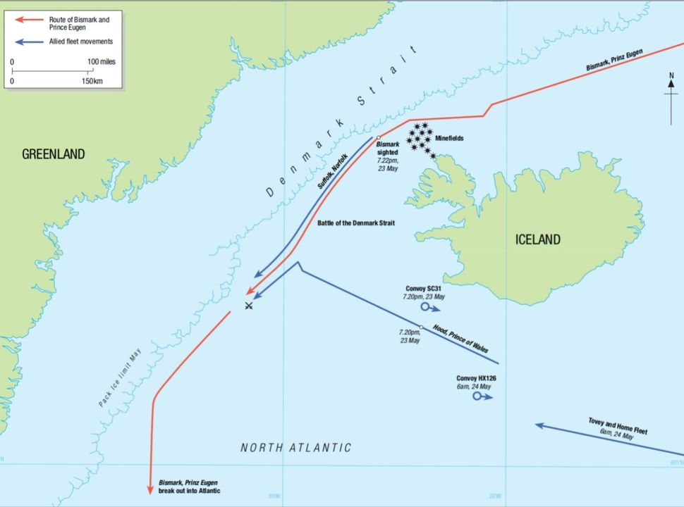 Cuộc đối đầu đầu tiên giữa Bismarck - Prinz Eugene (màu đỏ ) và Hood - Princes of Wales ( màu xanh) tại trận eo biển Đan Mạch