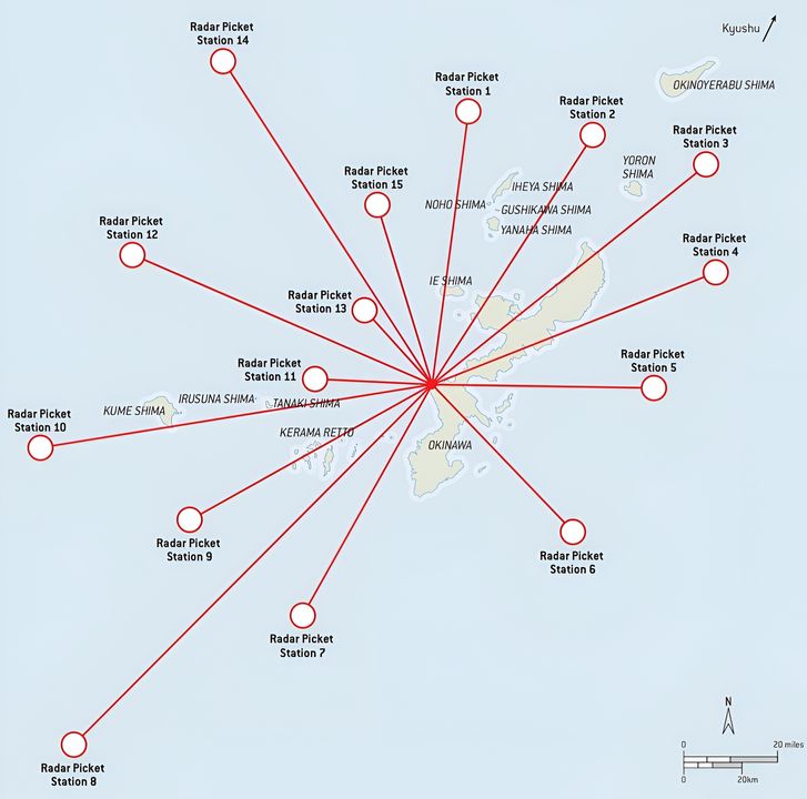 Trận không – hải chiến dữ dội và kéo dài nhất trong lịch sử hải quân đã diễn ra ngoài khơi Okinawa từ tháng 3 đến tháng 7 năm 1945. Khoảng một phần ba số phi vụ của Nhật được thực hiện bởi khoảng 1.900 máy bay cảm tử. Phần lớn kamikaze xuất phát từ các căn cứ ở Kyushu, hòn đảo quê hương của Nhật nằm ở phía bắc Okinawa. Cuộc đổ bộ của Mỹ diễn ra vào ngày 1 tháng 4 tại khu vực tây nam Okinawa, và sự kiện này đã dẫn đến một loạt các cuộc tấn công kamikaze quy mô lớn bắt đầu từ ngày 6 tháng 4 và chỉ kết thúc vào ngày 22 tháng 6. Để cung cấp cảnh báo sớm về những cuộc tấn công sắp diễn ra nhằm vào hạm đội đổ bộ, Hải quân Mỹ đã thiết lập một số Trạm Cảnh giới Radar như thể hiện trên biểu đồ này. Các trạm này do tàu khu trục đảm trách, và vì chúng là những tàu đầu tiên bị kamikaze gặp phải khi tiến xuống phía nam, nên đã phải hứng chịu một tỷ lệ không cân xứng trong tổng số các cuộc tấn công kamikaze của Nhật. Các tàu khu trục trấn giữ những trạm ở phía bắc phải chịu tổn thất nặng nề nhất. Hải quân Mỹ đã sử dụng khu neo đậu Kerama Retto làm nơi trú ẩn cho các tàu bị hư hại và làm chỗ rút lui vào ban đêm, vì vậy khu vực này cũng trở thành một mục tiêu ưa thích của kamikaze.