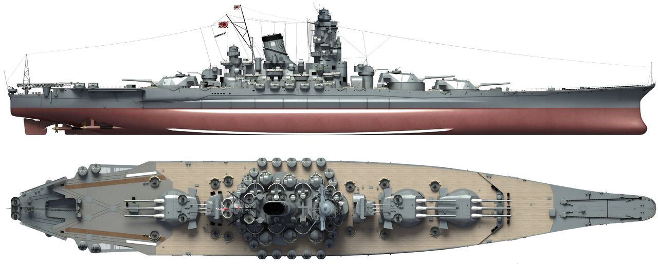 Hình ảnh này mô tả Yamato vào tháng 4 năm 1945, thời điểm con tàu bị đánh chìm trên Biển Hoa Đông. Tàu vẫn giữ hình dạng cơ bản như đầu chiến tranh, ngoại trừ hệ thống phòng không được tăng cường mạnh. Con tàu vẫn giữ dáng vẻ cơ bản của hình dạng thời kỳ đầu chiến tranh, ngoại trừ một thay đổi quan trọng là hệ thống phòng không được tăng cường đáng kể. Hệ thống phòng không cuối cùng của Yamato bao gồm con số đáng kinh ngạc 152 pháo phòng không 25 mm, được bố trí trong 50 bệ ba nòng, nhiều bệ trong số này có thể thấy rõ trong hình. Sau trận vịnh Leyte, Yamato được lắp thêm 9 bệ ba nòng, phần lớn đặt ở khu vực giữa tàu, dọc theo rìa ngoài của boong lộ thiên. Các bệ này được trang bị một kiểu khiên chắn mới; ngoài ra còn có 16 bệ khác được trang bị kiểu khiên từ năm 1941. Những khiên chắn này là cần thiết để bảo vệ kíp pháo thủ khỏi áp lực sóng xung kích do các bệ pháo 5 inch gần đó tạo ra khi khai hỏa. Yamato mang 12 bệ pháo hai nòng Type 89, trong đó các bệ đặt thấp được trang bị khiên chắn sóng xung kích. Huy hiệu hoa cúc trên ống khói chỉ được mang trong Chiến dịch Ten-Go, cũng như lá cờ võ sĩ đạo treo phía dưới quốc kỳ. Lá cờ phía trên là cờ hiệu phó đô đốc, được treo cho tư lệnh đội đặc nhiệm, Phó Đô đốc Itō Seiichi. 