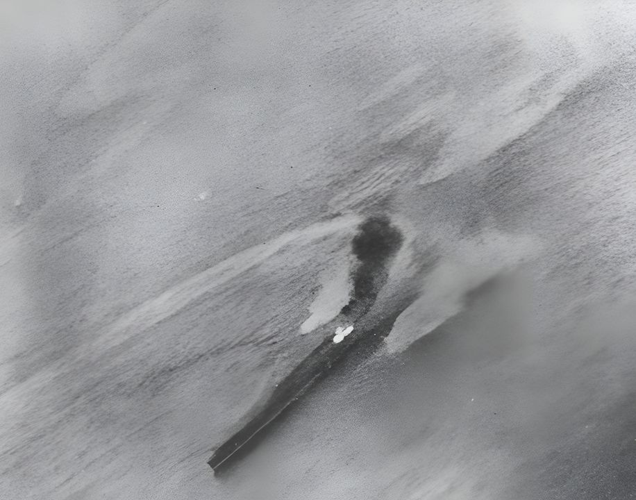 Chiyoda bị một quả bom đánh trúng, gây cháy trên boong chứa máy bay, có thể thấy ở gần đuôi tàu trong bức ảnh này. (NHHC)