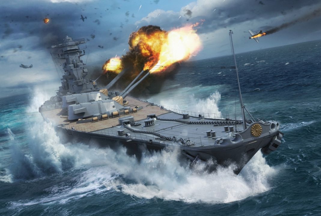 Yamato - thiết giáp hạm lớn nhất thế giới, được thấy vài phút sau khi bước vào trận chiến cuối cùng lúc 12 giờ 45 phút, ngày 7 tháng 4 năm 1945. Con tàu lao nhanh ở tốc độ mạn tối đa 27 hải lý, Yamato cùng 9 tàu hộ tống vừa rơi vào đợt tấn công đầu tiên của 227 máy bay Mỹ thuộc TF 58. Chỉ vài khoảnh khắc trước, Yamato chịu thiệt hại đầu tiên khi các Helldiver từ tàu Bennington thả hai quả bom xuyên giáp 1.000 lb vào giữa tàu. Ngọn lửa bùng lên ngay phía sau cột buồm chính của Yamato và gần phía trên tháp pháo 6,1in. phía sau sẽ tiếp tục cháy suốt trận chiến. Các máy bay TBM Avenger từ VT-17 của tàu Hornet đang tiến hành các đợt ném ngư lôi vào Yamato. Trong đợt tấn công ban đầu này, người Mỹ ghi được quả ngư lôi đầu tiên trúng mạn trái của Yamato. Đến năm 1945, loại ngư lôi Mark 13 vốn nổi tiếng kém hiệu quả đã được cải tiến đáng kể, mang đầu nổ Torpex 600 lb, mạnh hơn 50% so với TNT. Hầu hết hệ thống phòng không của Yamato vẫn còn nguyên vẹn, nổi bật nhất là chín khẩu pháo chính 460mm (18,1 in.) khổng lồ. Chúng khai hỏa loại đạn phòng không đặc biệt Sanshikidan (Type 3) nhắm vào máy bay Mỹ. Mỗi viên đạn 460mm Sanshikidan nặng 2.998 lb, chứa 966 ống cháy và 600 thanh thép. Kíp nổ trì hoãn của đạn 460mm thường được đặt để phát nổ một giây sau khi rời nòng, tương đương 1.000m (1.100 yard). Khi nổ, mỗi viên đạn phát tán 2.846 mảnh, bắn về phía trước trong một nón rộng 20 độ. Mỗi ống cháy trong số 966 ống sẽ phát ra ngọn lửa dài 16 ft, 5.400°F trong năm giây. Về lý thuyết, đạn Sanshikidan có hiệu quả lên tới 3.000 yard phía trước nơi phát nổ, hoặc 4.100 yard tính từ Yamato. Tuy nhiên, mặc dù các vụ nổ Sanshikidan tạo nên cảnh tượng ngoạn mục vào ngày 7 tháng 4 năm 1945, chúng lại hoàn toàn vô dụng đối với các máy bay cường kích Mỹ. (Tranh của Adam Tooby)