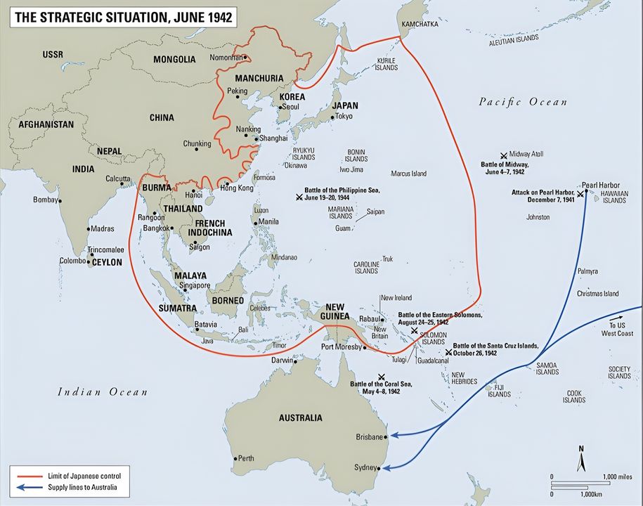 Bản đồ về tình hình chiến lược ở khu vực Châu Á-Thái Bình Dương vào tháng 6 năm 1942. Trong bản đồ cũng thể hiện 5 địa điểm diễn ra trận chiến giữa tàu sân bay Nhật và Mỹ.