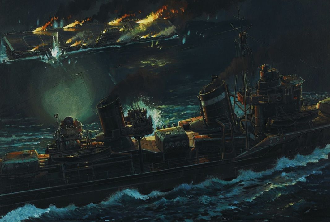 Lực lượng Tiến công quan sát thấy các tia chớp từ loạt pháo của các tàu khu trục USS Mustin và USS Anderson vào lúc 20 giờ 35 phút, khi các tàu Mỹ đang thực hiện mệnh lệnh đánh chìm tàu sân bay Hornet để tránh bị địch bắt giữ. Đô đốc Kondō lập tức ra lệnh cho một số tàu khu trục truy đuổi và tiêu diệt các tàu Mỹ đang rút lui. Đến 22 giờ 14 phút, các đơn vị tiên phong của lực lượng Nhật đã tiếp cận khu vực nơi Hornet bị bỏ lại. Tàu sân bay khi đó nghiêng 45 độ về mạn trái và bốc cháy dữ dội. Sau khi Kondō chấm dứt việc truy kích người Mỹ, hai tàu khu trục Akigumo và Makigumo quay trở lại vị trí của Hornet vào khoảng 22 giờ để kiểm tra xem liệu con tàu có thể được cứu vớt hay không. Sau khi khảo sát, phía Nhật kết luận việc trục vớt là bất khả thi và xác định danh tính con tàu nhờ vào số hiệu “8” nhỏ in trên mạn tàu (tàu Hornet không mang số hiệu trên sàn bay). Cả Akigumo và Makigumo sau đó mỗi tàu phóng hai quả ngư lôi nhằm kết liễu con tàu như hình minh họa trên đây . Cả bốn quả ngư lôi đều trúng đích, và tàu sân bay USS Hornet (CV-8) cuối cùng chìm lúc 01 giờ 35 phút rạng sáng hôm sau. (Tranh của Howard Gerrard)