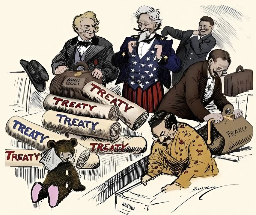 Số phận của các siêu thiết giáp hạm kể trên đều bị các chính trị gia định đoạt trên bàn hội nghị quốc tế tại Washington năm 1922. Họa sĩ biếm họa Clifford Berryman đã vẽ các đại diện của năm cường quốc tham dự cùng với một chú gấu bông - một biểu tượng mà ông dùng để tượng trưng cho Tổng thống tiền nhiệm Theodore Roosevelt, một người theo chủ nghĩa hải quân - đang lau trán một cách lo lắng, có lẽ vì lo ngại về ảnh hưởng của hiệp ước hải quân đối với Hải quân Hoa Kỳ.