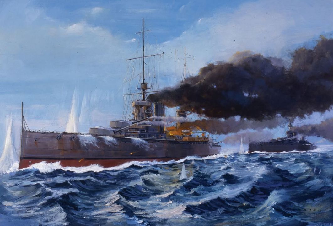 Lion, soái hạm của Beatty dẫn đầu đội hình thiết giáp tuần dương hạm Anh, phía sau nó là Princess Royal vào lúc 15 giờ 48 phút. Cả hai tàu lúc này đang nhắm bắn vào Lutzow - soái hạm của Hipper. Còn tàu Đức sau đó đáp trả và bắn trúng tháp pháo Q nằm giữa tàu của Lion. (Howard Gerrard)