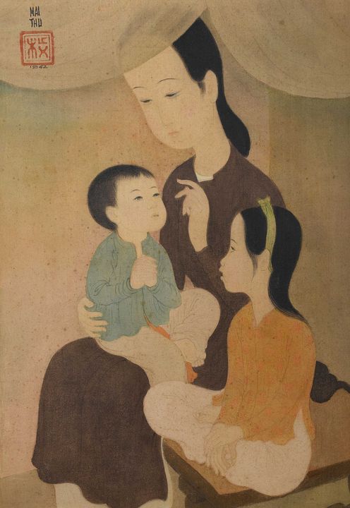 Mẹ và các con. Tranh của Mai Thu