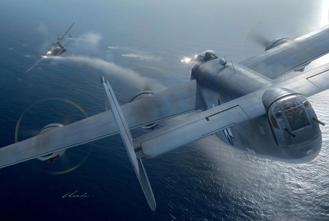 Ngày 31 tháng 10 năm 1944, Trung úy Herbert Box và phi hành đoàn của ông đang trên đường trở về sau chuyến tuần tra xuất phát từ căn cứ của VB-117 tại Tinian thì họ phát hiện một máy bay mà họ xác định là một chiếc “Emily.” Sau một cuộc rượt đuổi dài, Box tiếp cận chiếc thuyền bay từ phía trên ở vị trí “5 giờ.” Xạ thủ tháp pháo mũi của chiếc PB4Y khai hỏa, bắn trúng động cơ số 2 của chiếc H8K và làm nó bốc cháy. Chiếc “Emily” (“801-77” thuộc về Không đoàn 801), lúc đó bay ở độ cao khoảng 500 ft trên mặt nước, rẽ trái để tránh hỏa lực của chiếc PB4Y. Box bám theo mục tiêu, lao xuống truy kích chiếc thuyền bay. Khi Box bổ nhào gắt hơn, xạ thủ tháp pháo trên lưng của ông khai hỏa, tiếp đó là xạ thủ hông bên trái – cả hai đều bắn trúng động cơ số 3. Khi Box vượt lên phía trên chiếc “Emily,” xạ thủ hông bên phải của ông khai hỏa, bắn trúng thêm vào các động cơ số 2 và số 3. Cuối cùng, xạ thủ đuôi của Box cũng bắn trúng chiếc H8K ngay trước khi chiếc “Emily” rơi xuống biển. (Tranh của Gareth Hector)