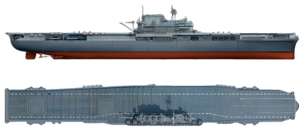 Yorktown (CV-5)  được thấy ở diện mạo tháng 6 năm 1942, thời điểm nó bị đánh chìm. Radar CXAM lắp trên cột buồm trước rất dễ nhận ra. Ít rõ ràng hơn là hàng loạt pháo 20mm và súng máy 0,50 inch nay đã bố trí dọc boong hành lang.