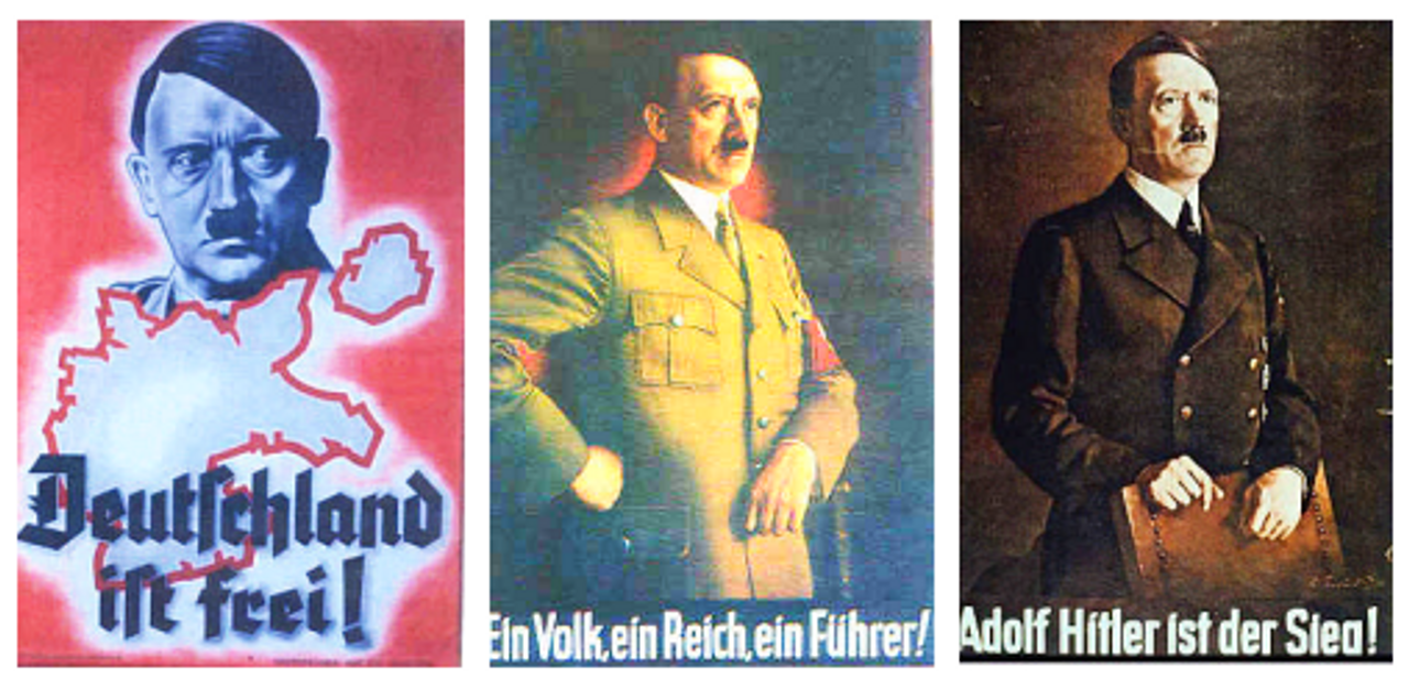 <i>Từ trái sang: "Đức đã tự do!", "Một dân tộc, một đế chế, một lãnh tụ!", "Adolf Hitler là chiến thắng!".</i>
