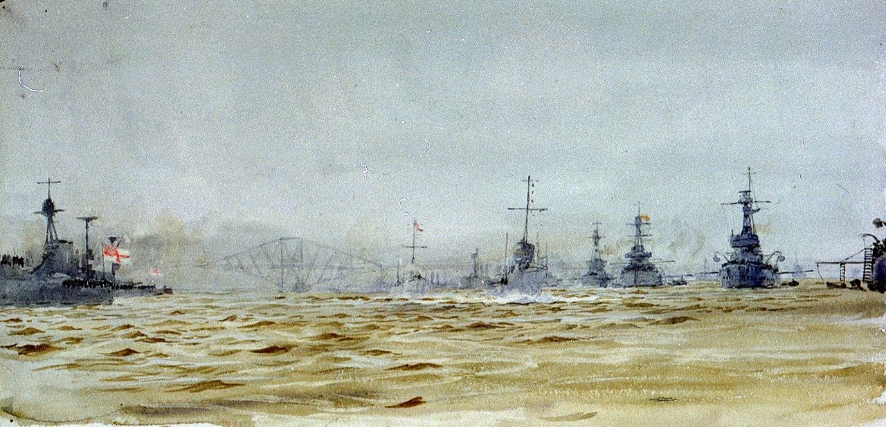Lực lượng Thiết giáp tuần dương hạm ( bên trái gồm HMS Lion, Renown, Repulse, Tiger, Princess Royal, Inflexible, Indomitable, New Zealand và Australia) của Đại Hạm đội tại Firth of Forth, cùng với các tàu của Hải đoàn Thiết giáp hạm số 5 (bên phải gồm HMS Barham, Malaya và Valiant), năm 1918 (tranh của William L. Wyllie)