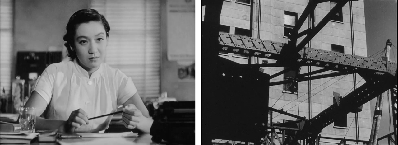 <i>Cú chuyển cảnh giữa nỗi buồn của Noriko và công trường xây dựng</i>